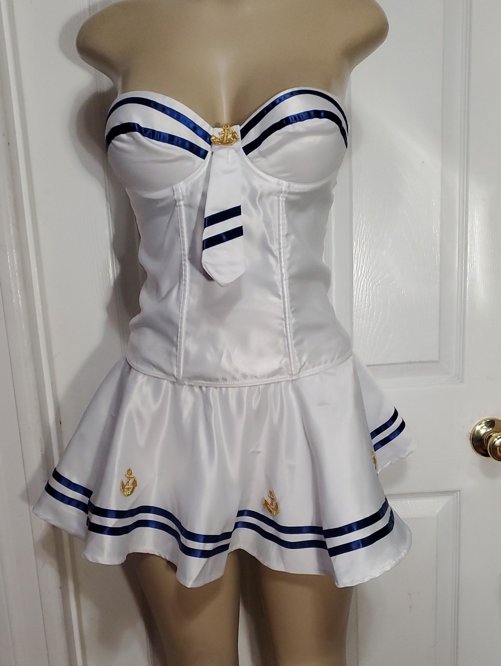 Frederick's of Hollywood White Strapless Sailor Set  Chemise with Navy Trim